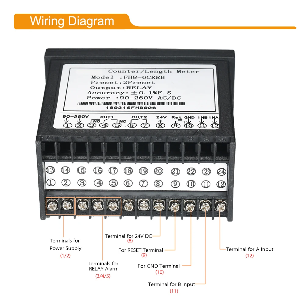 Dual Display Digital Counter 6 Digits FH8-6CRRB Light-emitting Diode 90~265V AC/DC with 2 Relay Output and Pulse