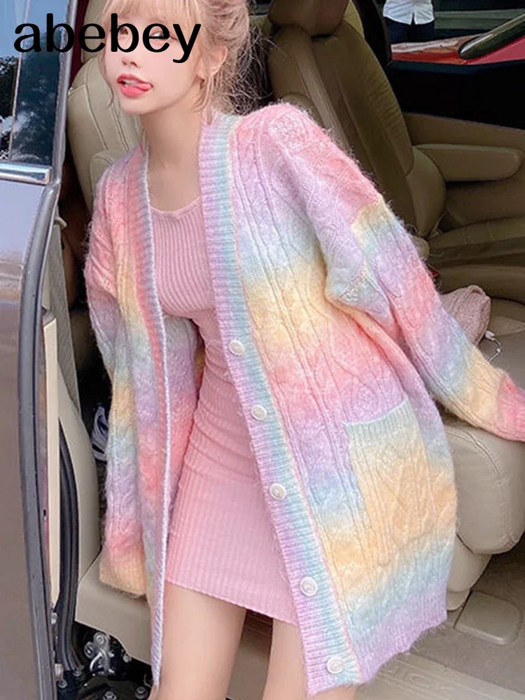 Rainbow Knitted Cardigan Women Autumn winter Sweet Kawaii Sweater Coat Female Long Korean Button Down Cardigan Fall 2023 Women