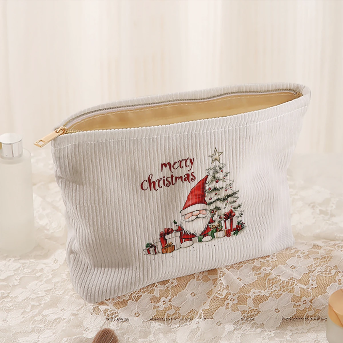 1 Christmas themed corduroy makeup bag, lightweight zipper makeup storage box, multifunctional bag with lining