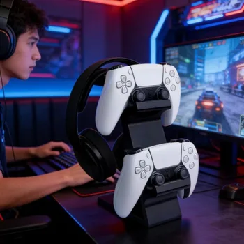 Supporto Integrato per Controller e Cuffie, Stand Universale a 3 Livelli per PS4/PS5/XBOX, Accessori da Gaming per Scrivania