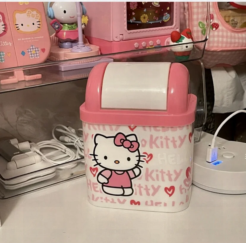 Kawaii Sanrio Hello Kitty Cartoon Desktop Trash Can Mini Office Living Room Home Storage Bucket Girl Heart Desktop Decoration