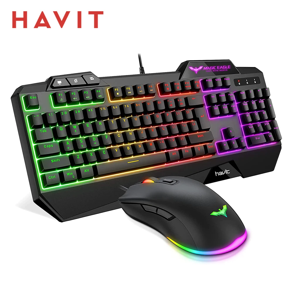 Havit-有線ゲームキーボード,マウスとrgbバックライトを備えたキット,104キー,リストレスト付き,pcおよびラップトップ用,モデルkb558