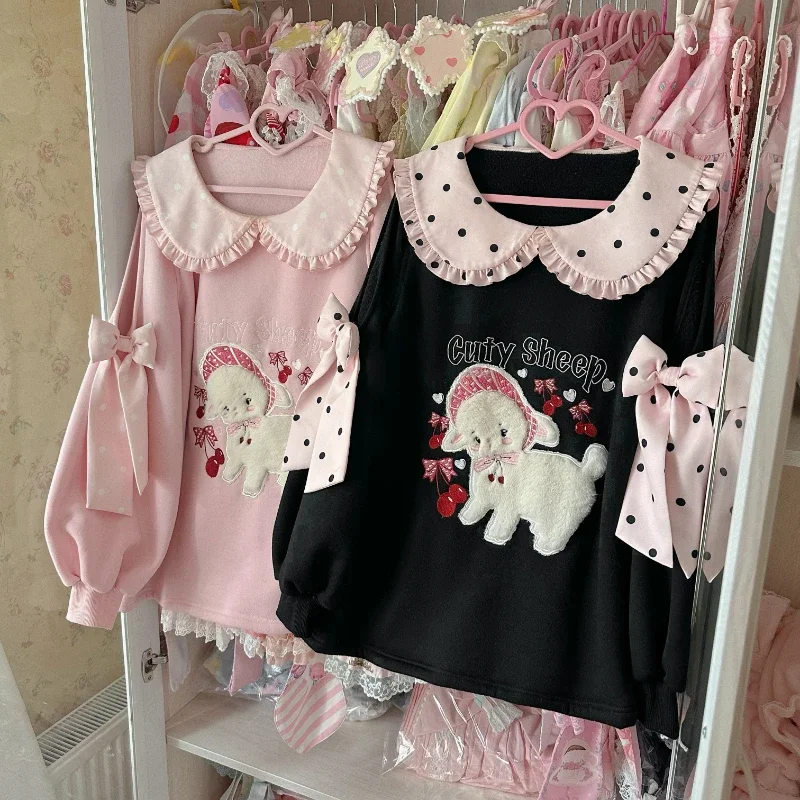 

Japanese Kawaii Lolita Hoodies Women Sweet Cartoon Lamb Embroidery Fashion Pullovers Y2k Aesthetic Casual Loose Bow Sweatshirts