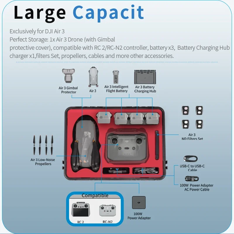 Drone Case For DJI Air 3 Accessories Hard Carrying Case Waterproof Storage Box Portable Suitcase with DJI RC 2/RC-N2 Remote Controller Box