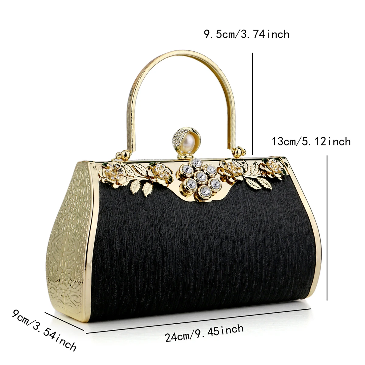 Golden Evening Clutch Bag with Diamonds and Flower Print