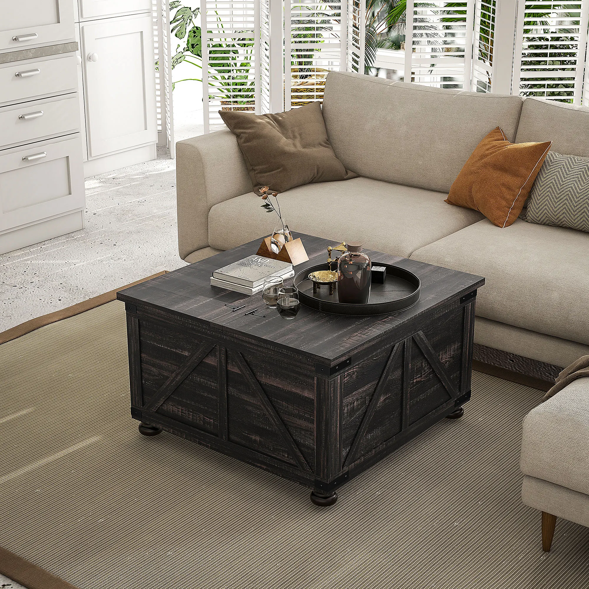 Coffee Table with Flip Top Hidden Storage, Square Center Table Distressed Brown 5