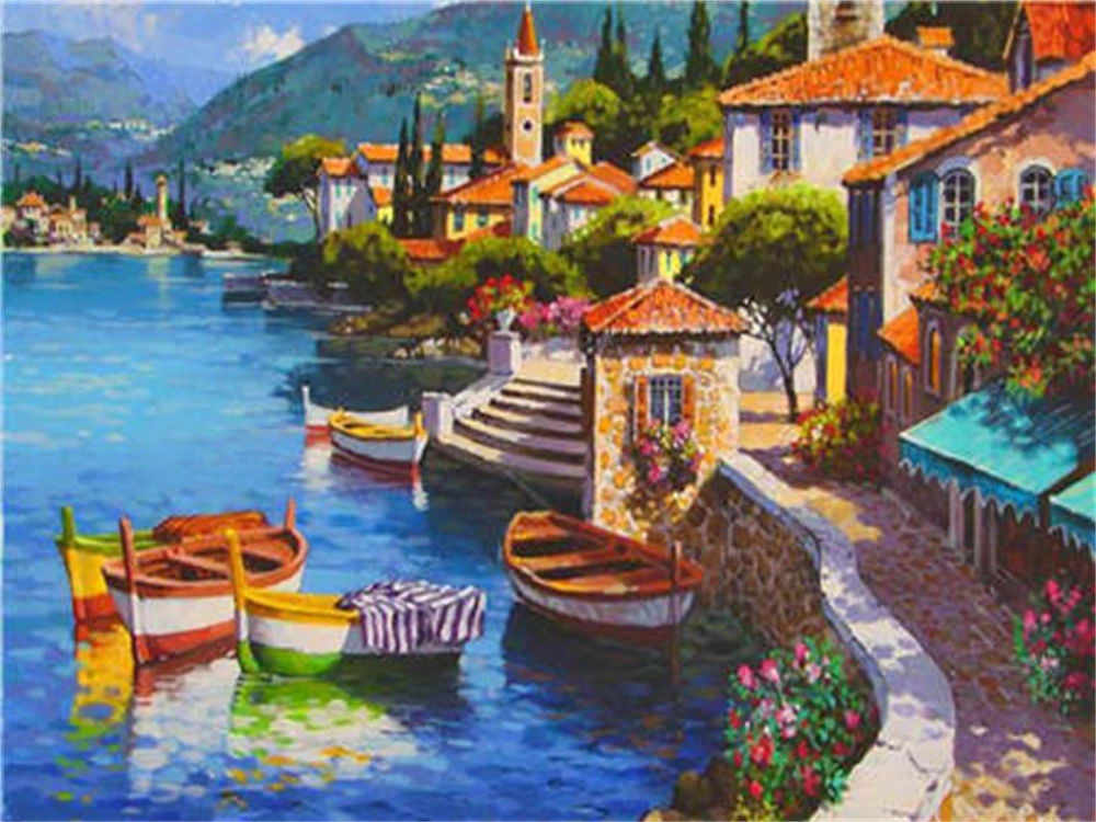 Description Picture 5 of itemLandscape Seaside Town Pre-Printed Cross-Stitch Embroidery Full Kit Knitting Painting Craft Needlework Package Room Decor Needle