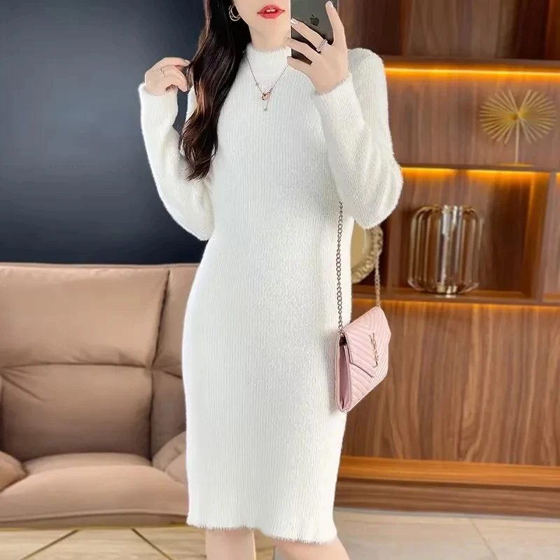 

2023 Autumn Winter New Imitation Mink Velvet Knitt Dress Women Loose Long Half High Collar Pullover Sweater Female Outer Wear