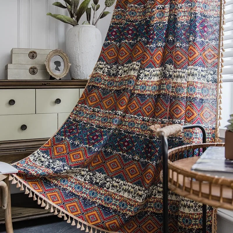 

Bohemian Ethnic Style Curtain - Yellow Square Block Prints - for Living Room, Bedroom, Kitchen - Semi-Shaded - Finished Product