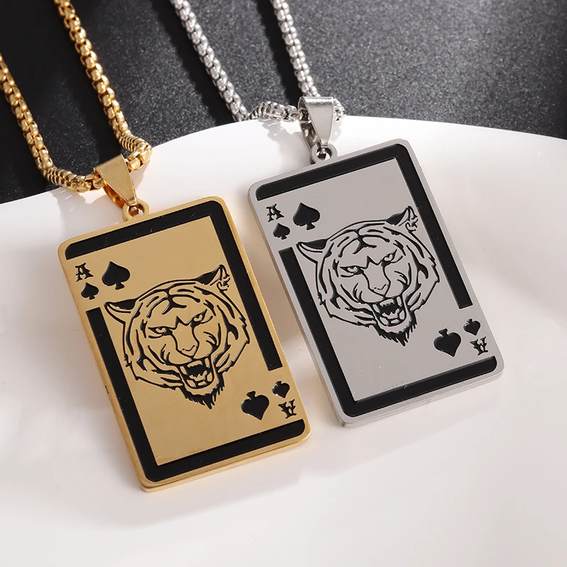 

Hip Hop Rock Playing Cards Cz Square Tiger Pendant Good Luck Royal Flush Ace of Spades Stainless Steel Necklace Unisex