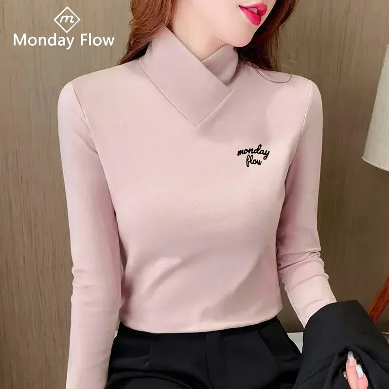 Mondayflow Spring Tennis Women's Long Sleeve T-shirt Plush Warm Elastic Bottom Shirts Half High Neck Fashion Golf Sports T-shirt