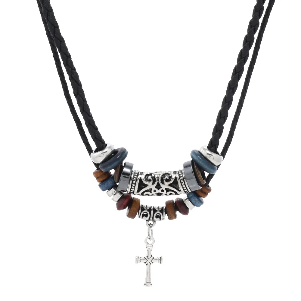 

New Bohemian Ethnic Style Necklace Jewelry Double Chain Cross Pendant Beaded Retro Element Women/Men's Necklace Adjustable