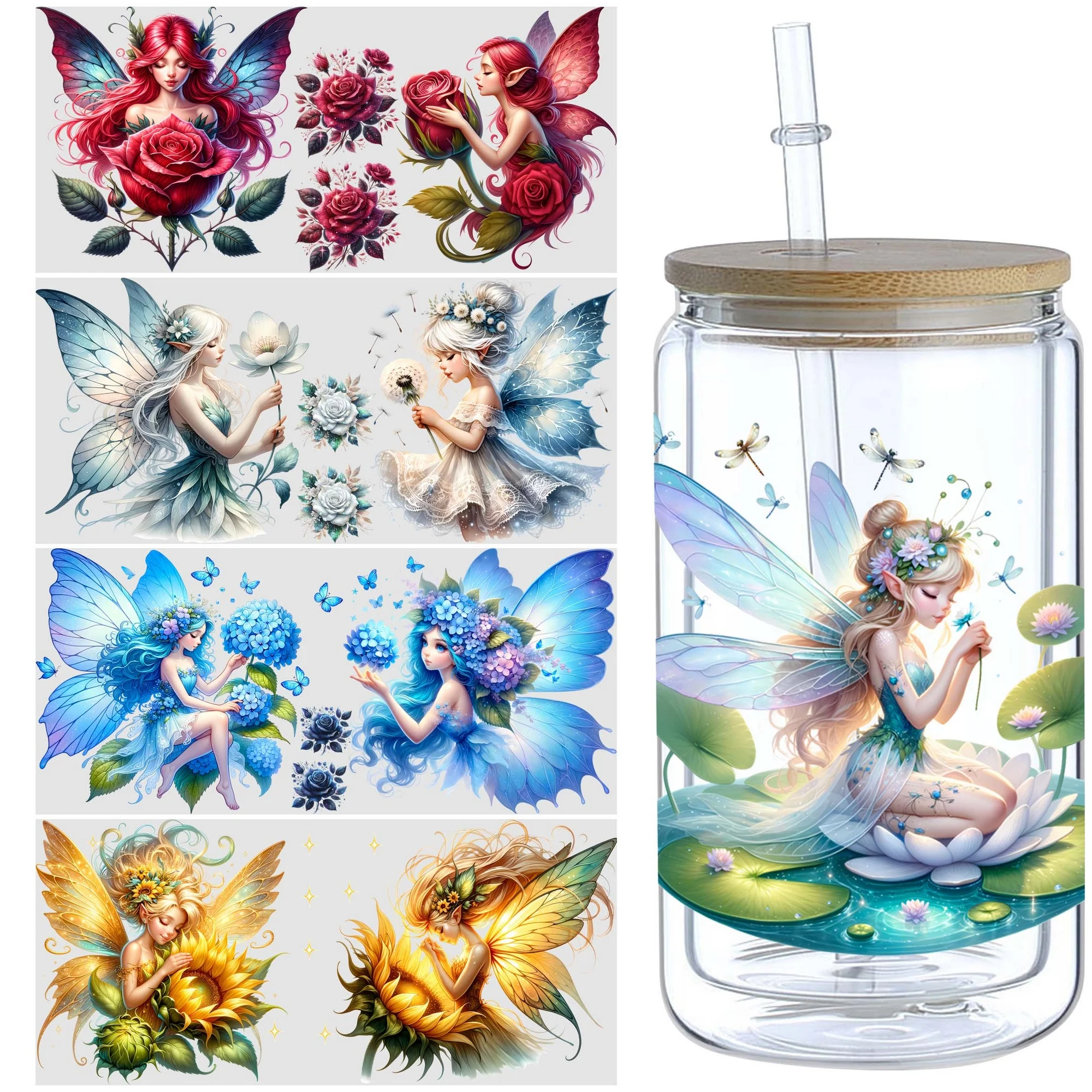 5sheets Flower Fairy UV DTF Cup Packaging for 16oz Glass Cup, Waterproof Beautiful Design Sticker Suitable for 16oz Glass Cup