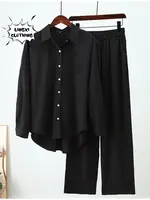 Summer Outfits for Women 2023 Fashion Loose Elastic Wrinkle Long Sleeve Shirt Wide Leg Pants Casual Set for Women 2 Piece Set - Image 2