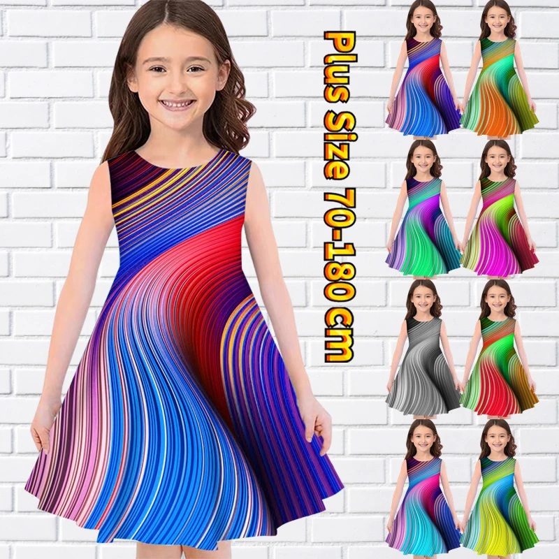 

Summer Little Girl Sleeveless Dress Round Neck Princess Dress Cute Knee Length Skirt Everyday Street Fashion Loose Midi Skirt