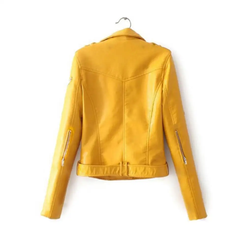 

Solid Color Long Sleeve Women Jacket Coat Lapel Faux Leather Motorcycle Zip Up Coat