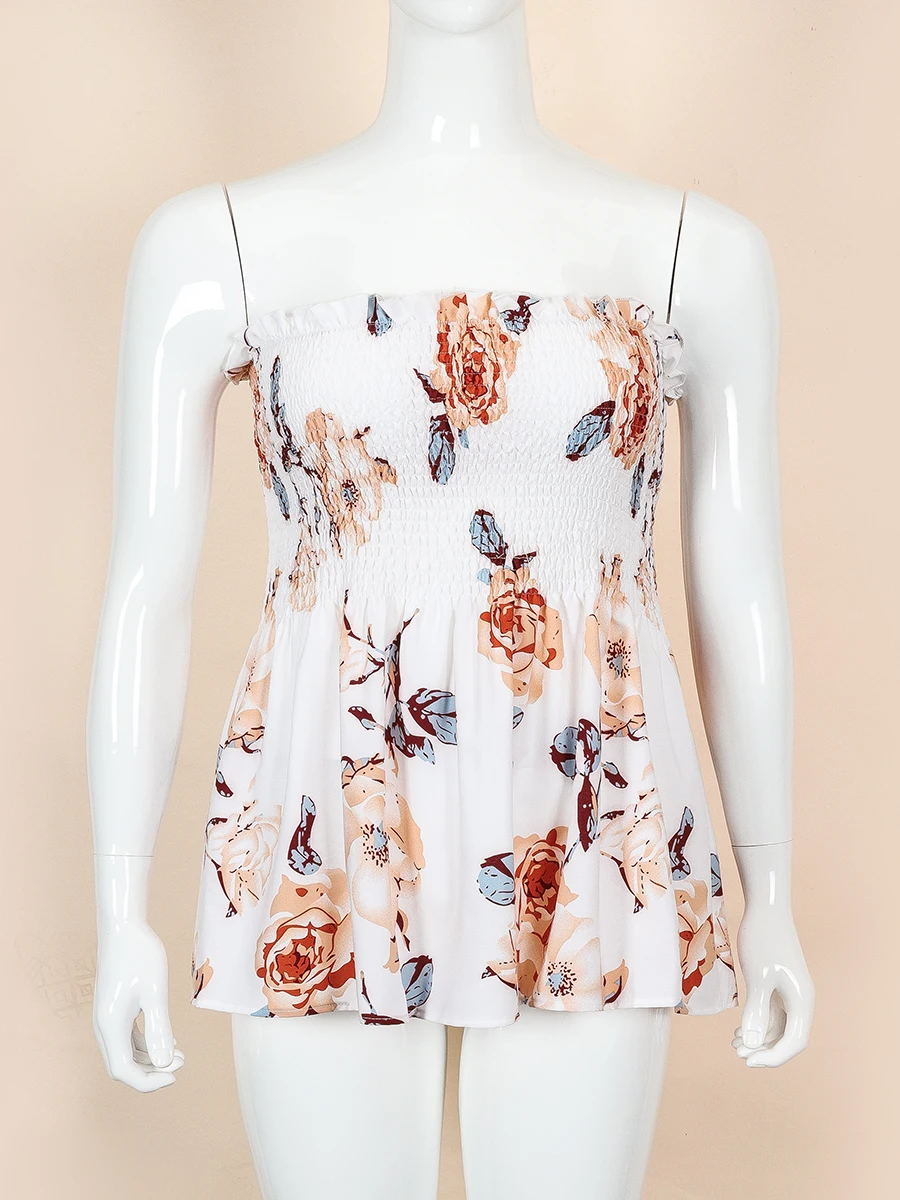 Finjani Floral Print Shirred Crop Tube Top & Blouse women's Ruffle Hem Plus Size Tops