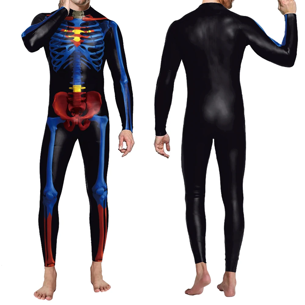 Zawaland Women Men Fashion Bodysuit Long Sleeve Skull Print Party Jumpsuit Holiday Party Funny Cosplay Costumes Performance