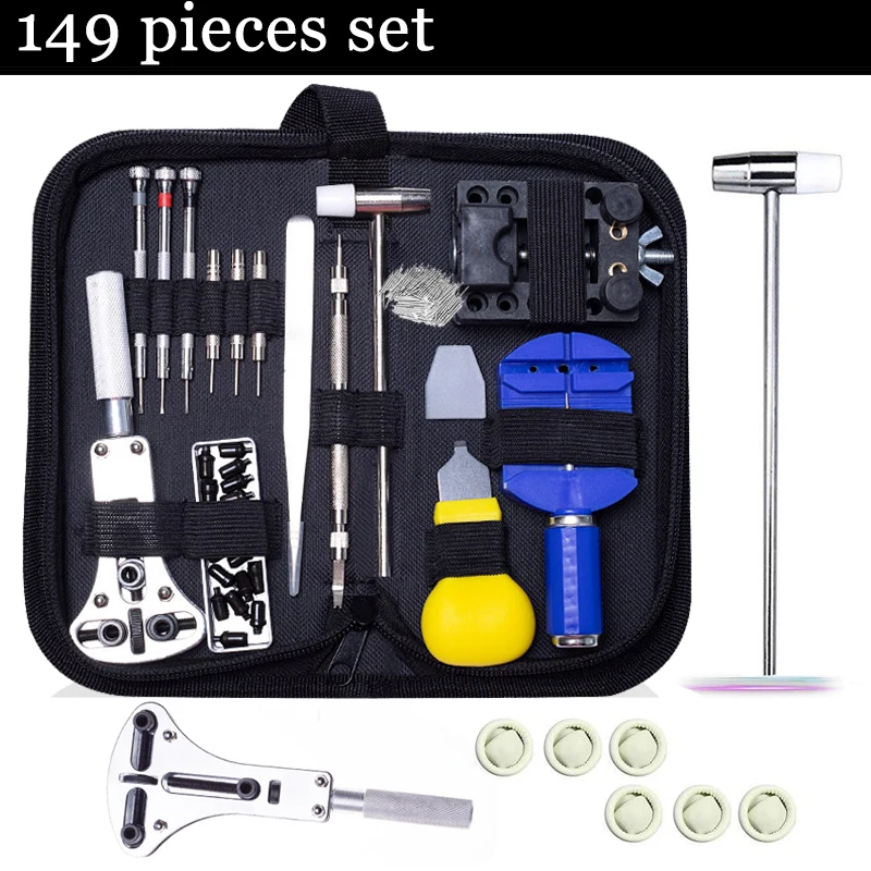 149pcs Watch Repair Tool Kit Has 10 finger Cots Wristwatch Link Pin Remover Case Opener Spring Bar Battery Replacement