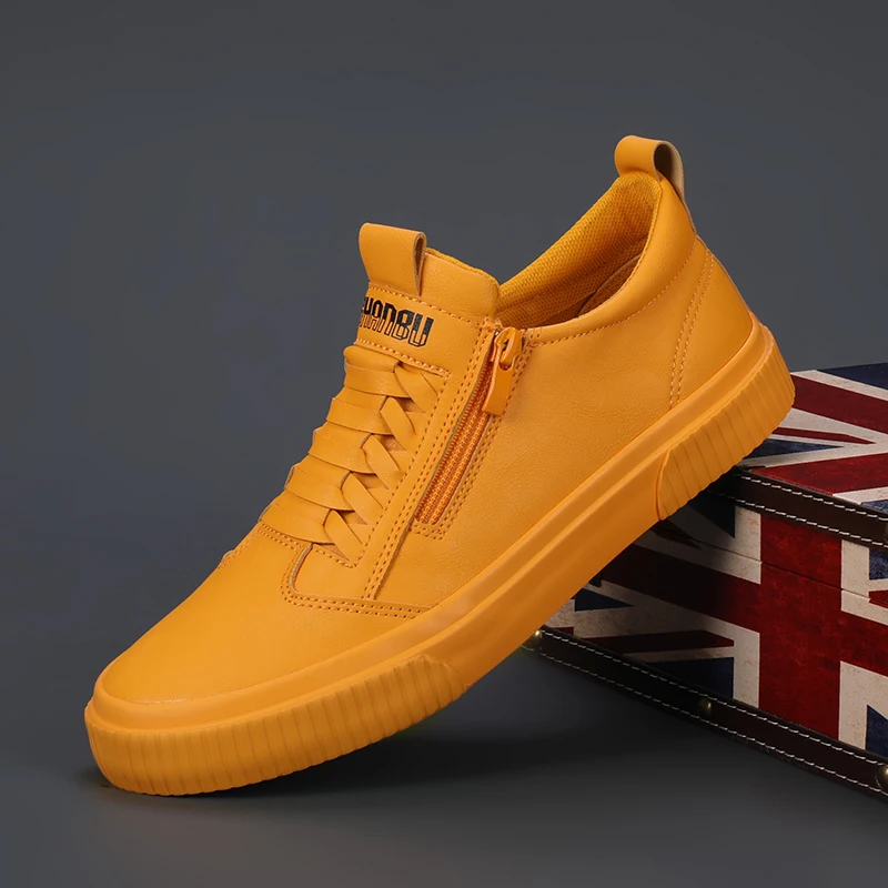 

Zipper Design Leather Sneakers For Men 2023 Autumn Trendy Yellow Men Casual Shoes Comfortable Lightweight Mens Vulcanized Shoes