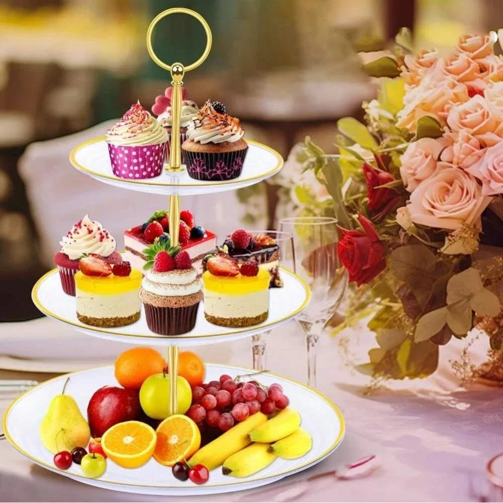 3-Tier Cupcake Stand Fruit Plate Holder Desserts Snack Candy Buffet Stand Tower for Christmas Wedding Party Cake Dessert Tray