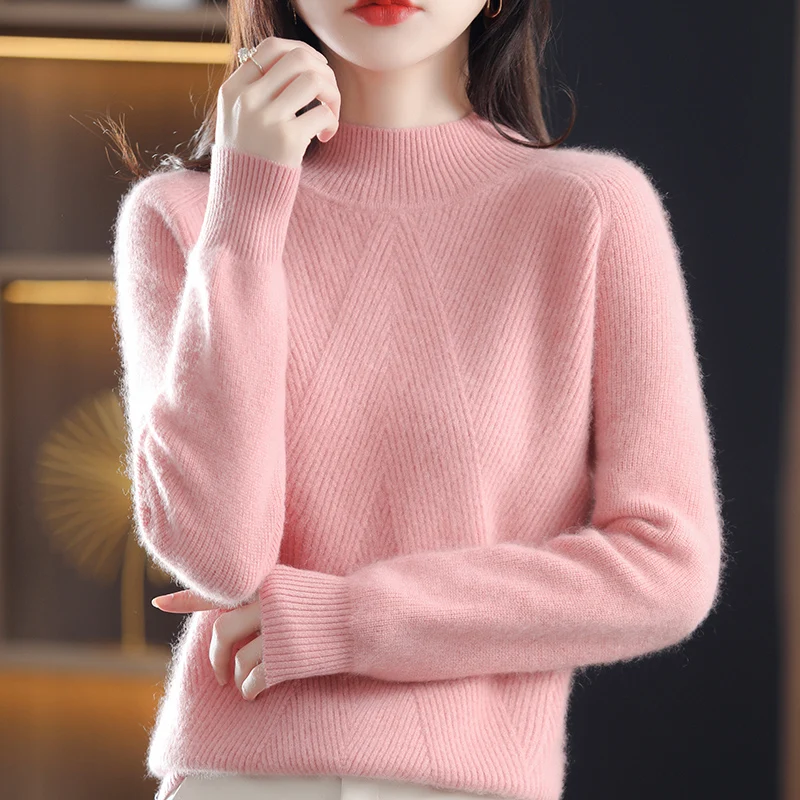 

100% pure wool cashmere sweater autumn and winter ladies half turtleneck pullover casual knitted top loose korean style sweater