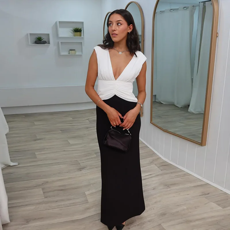 Vestido elegante sin mangas con escote en V profundo y patchwork para mujer, vestido plisado sin espalda, ajustado, para fiesta de verano 2025, para mujer, de noche.