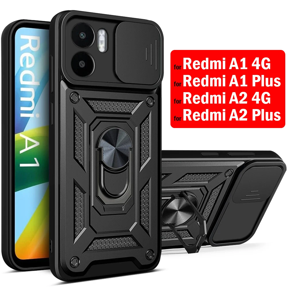 

Armor Holder Cover for Xiaomi Redmi A1 4G A2 Case for Redmi A1 A2 Plus Cases Slide Camera Lens Protect Ring Stand Phone Fundas