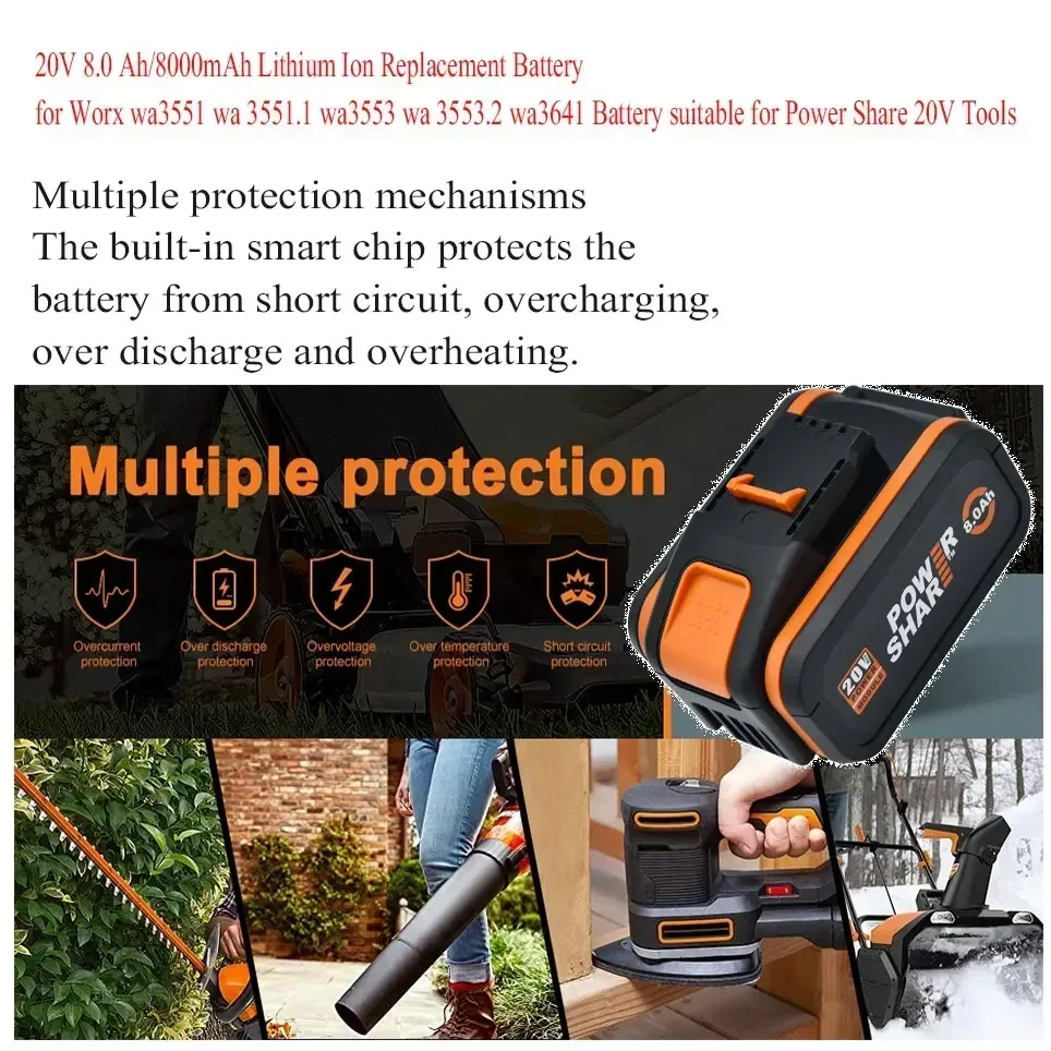 Worx WA3551 6000 mAh/8000 mAh Akku 20 V Akku für Elektrowerkzeuge WA3572 WA3553 WX390 WX176 WX178 Ersatzakku – Detail 10