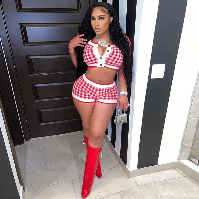 

Plaid Knitted Two-piece Women's Casual Short Jacket Sexy Short Sweater Cardigan+Shorts 2 Piece Pants Suit Women's Homewear Cloth