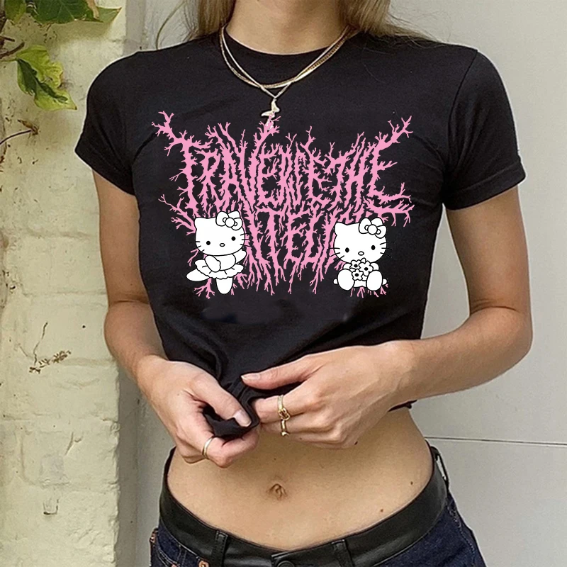 Tshirt Crop Top Hello Kitty T-shirt Kawaii T Shirt Sanrio Anime Cartoon Children Casual Clothes Y2k Cropped Tee Shirt Top