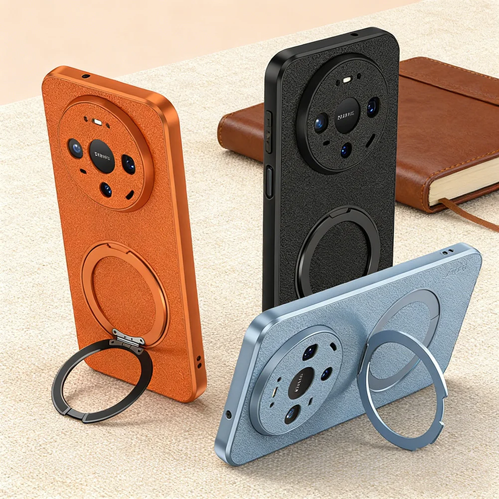 360° Rotating Ring Kickstand Magnetic Case with Goatskin Leather Cover