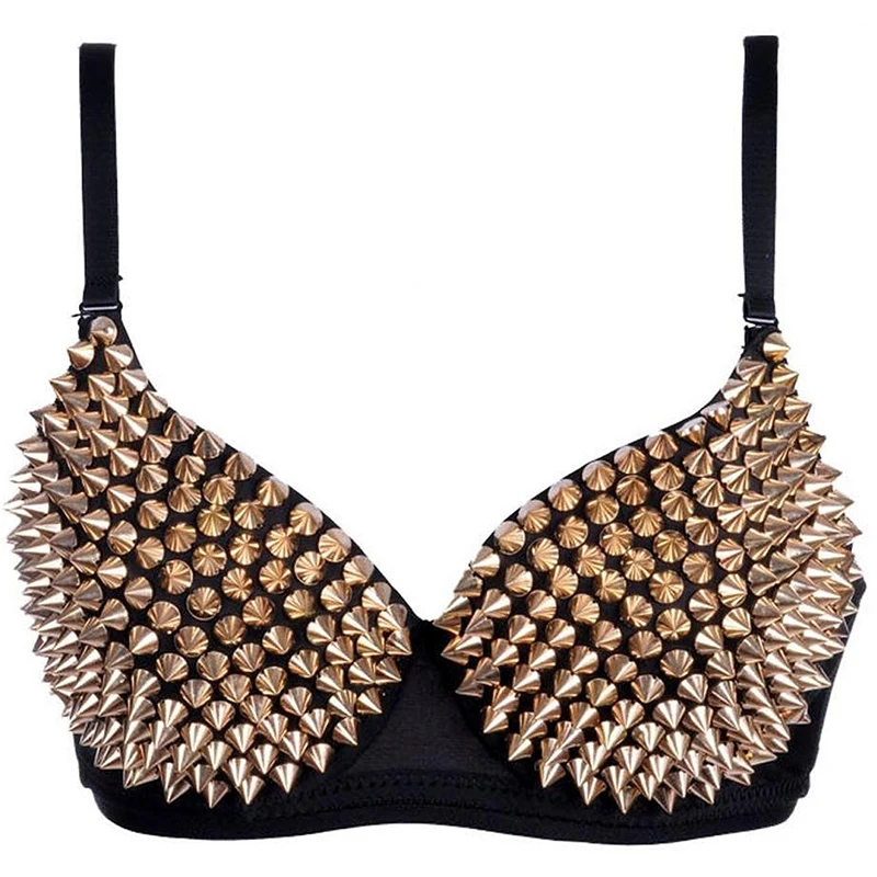 Golden Silver Women Sexy Rock Style Spike Rivet Punk Push Up Bras Nightclub Singer DJ Dance Stud Bra Underwear Burlesque Tops