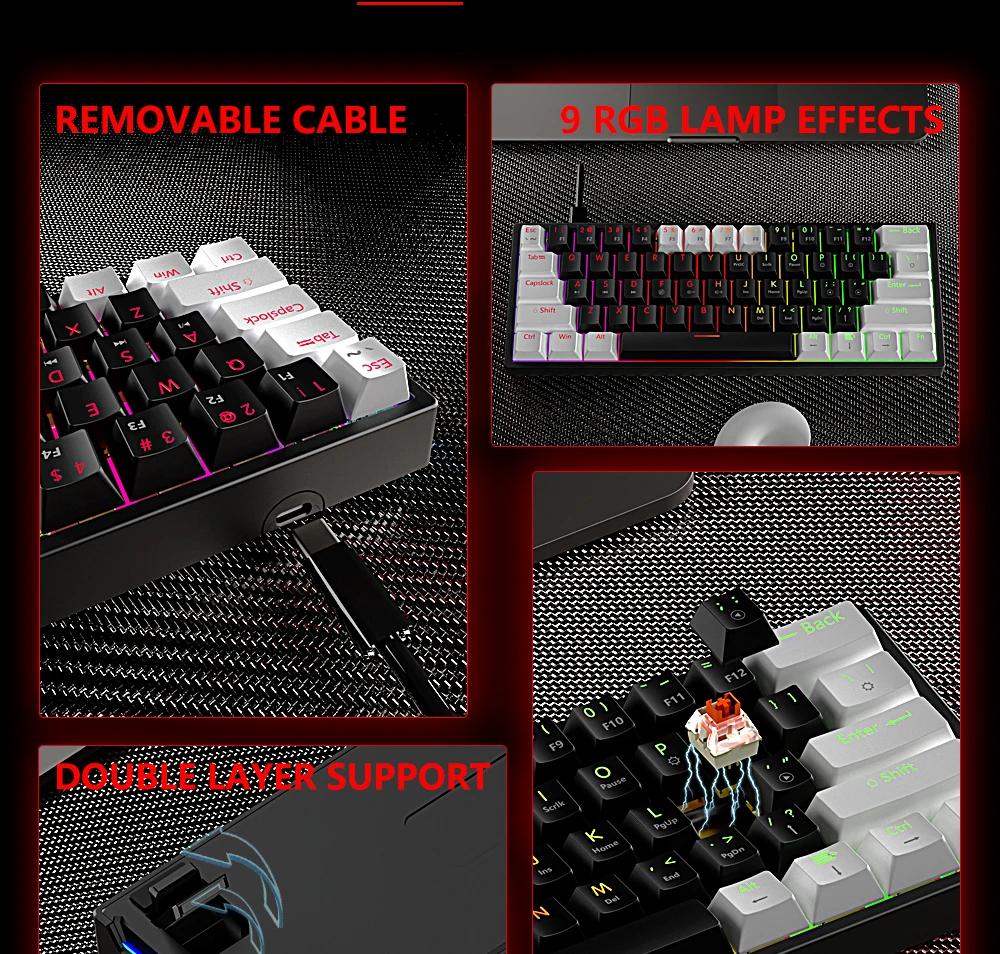 MUCAI-MK61 USB Teclado Mecânico Gaming, Interruptor Vermelho,