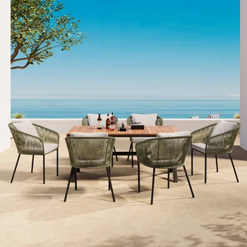 7 Pieces Patio Dining Set, All-Weather Outdoor Furniture Set with Dining Table and Chairs, Acacia Wood Tabletop, Metal Frame, fo 1