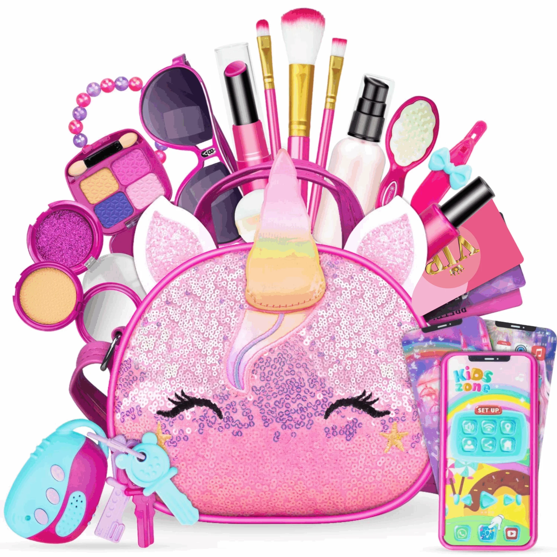 Kids Makeup Kit for Girls, Pretend Makeup Play Set with Unicorn Cosmetic Bag, Kids Dress Up