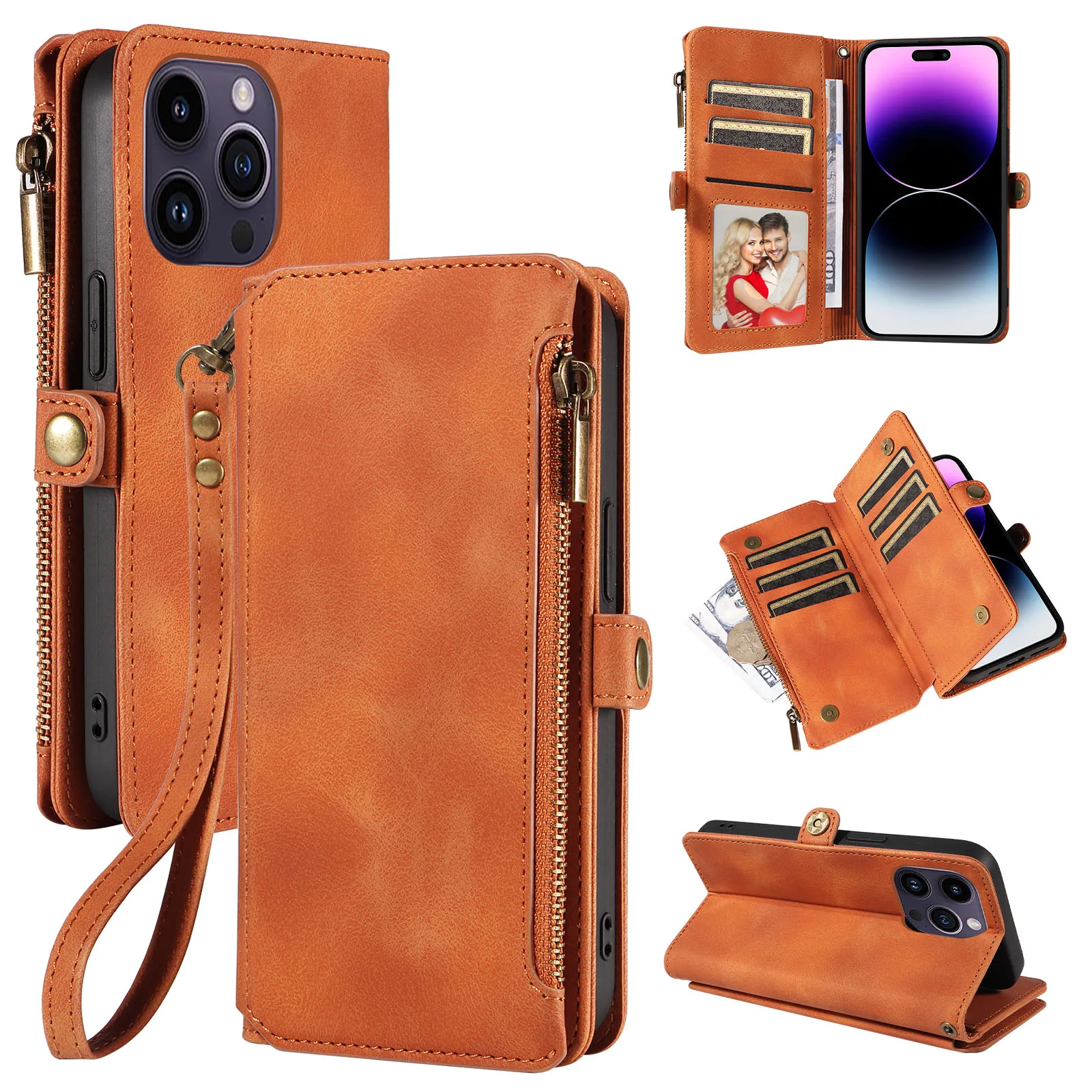 Luxurious Zipper Leather Wallet Phone Case with Card Slots and RFID Protection