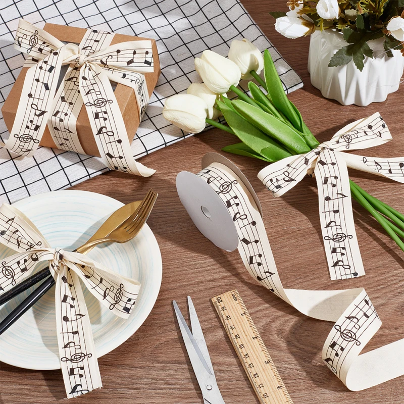 10M Cotton Printed Ribbons for Clothing Decoration Beige Musical Note about 10.94 Yards(10m)/Roll