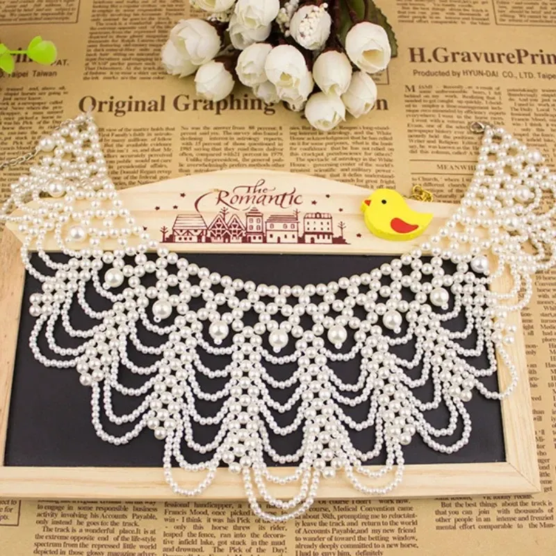 Pearl Beaded Lace Trim Collar Ribbons Women Necklace Jewelry For Clothes Wedding Dress Party Jewelry Lovers Chocker Necklaces