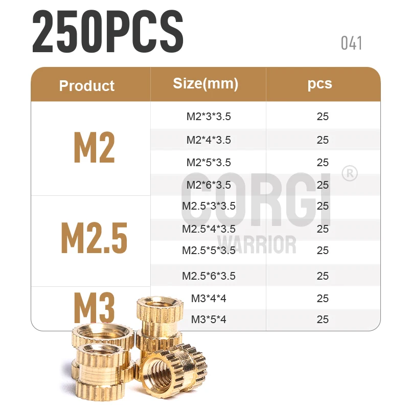 Metric Brass Threaded Inserts Assortment Kit up to 1230 M1 M2 M2.5 M3 M4 M5 M6 M8 M10 Knurled Nuts Heat Set for 3D Components