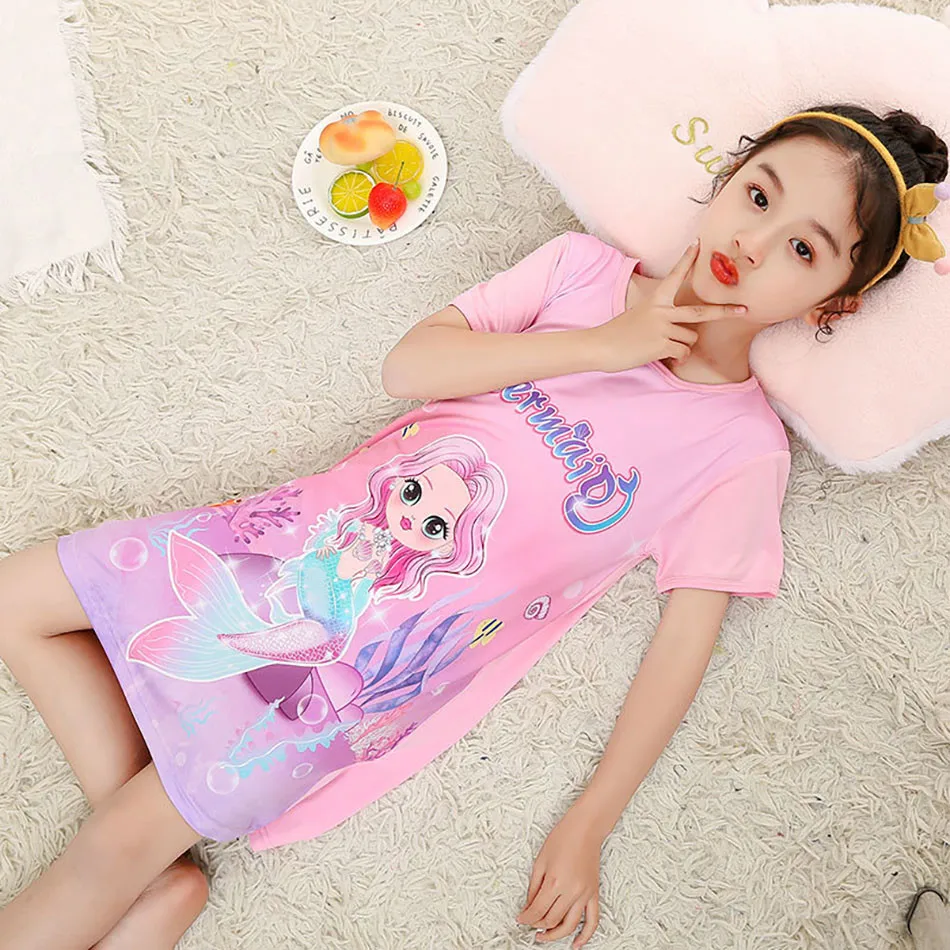 Children's Clothing Summer Short Sleeved Princess Dress Girl Mermaid Print Ice Silk Cute Sleeping Dress Sleepwear Nightgowns - Image 2