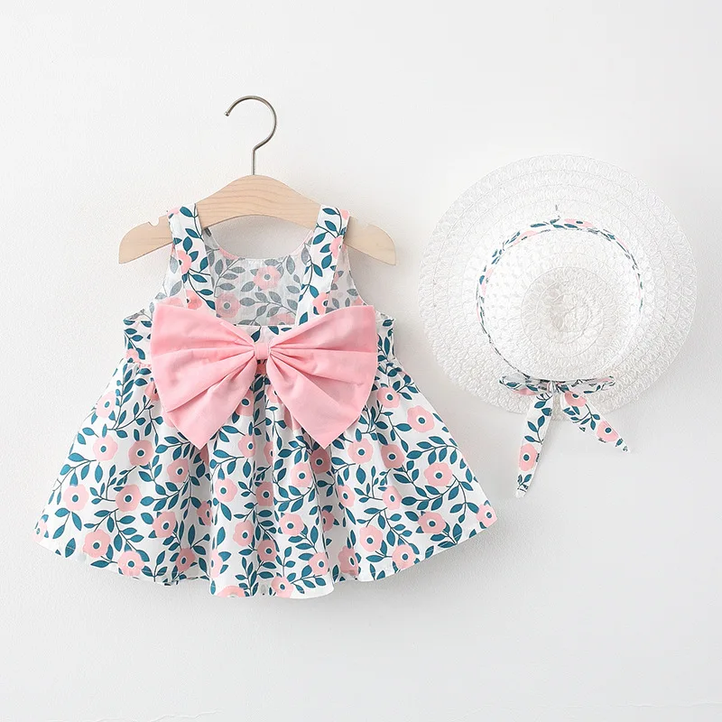 Girls Dress Round Neck Back Big Bow Cotton Skirt with Hat 2 Pcs
