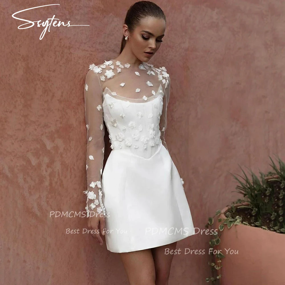 Sexy Solid Satin Short Wedding Dresses High Neck Bodycon Bridal Gowns 3D Appliques Princess Lace Beach Simple Mini Bride Dress