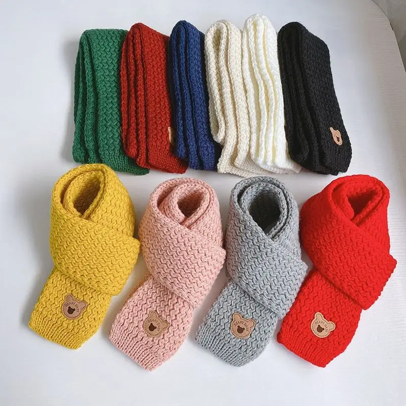 Winter Children Colors Soft Knitting Wool Thermal Scarf Boys Girls Lovely Outdoor Warmer Scarf Kids Solid Labelled