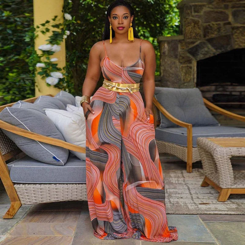 

WUHE Tie Dye Print Spaghetti Strap High Waist Sleeveless Straight Wide Leg Jumpsuit for Women Elegant Party Playsuit