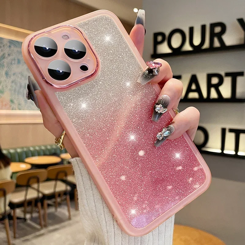 Glitter Gradient Soft Silicone Shockproof Phone Case with Lens Protector