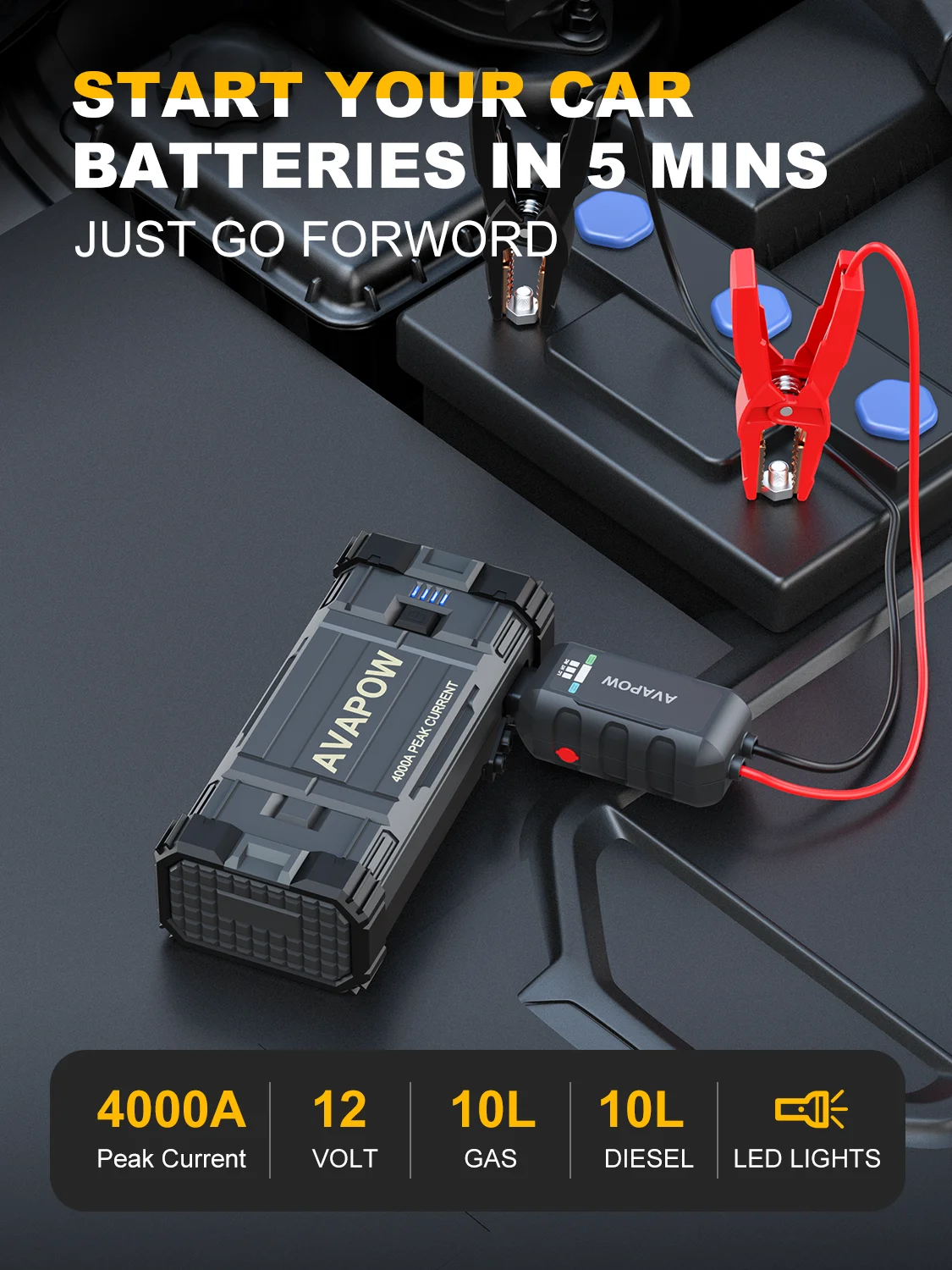 AVAPOW 4000A Car Jump Starter: Portable Power Pack for Gas & Diesel Engines, 12V, with LED Light & USB Quick Charge 3.0.
