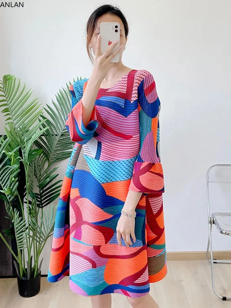 

ANLAN Color Block Printing Pleated Dress Fashion Round Neck Three Quarter Sleeves Loose Dresses for Women 2024 New 9YK0016