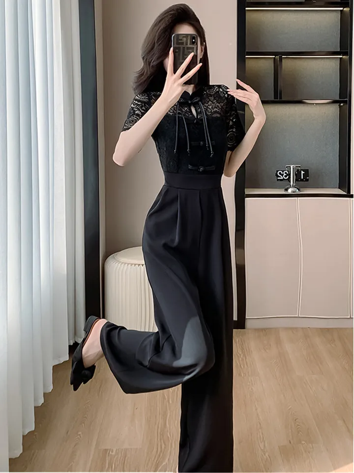 SMTHMA New Chinese Black Lace Patchwork Jumpsuit 2024 New Elegant