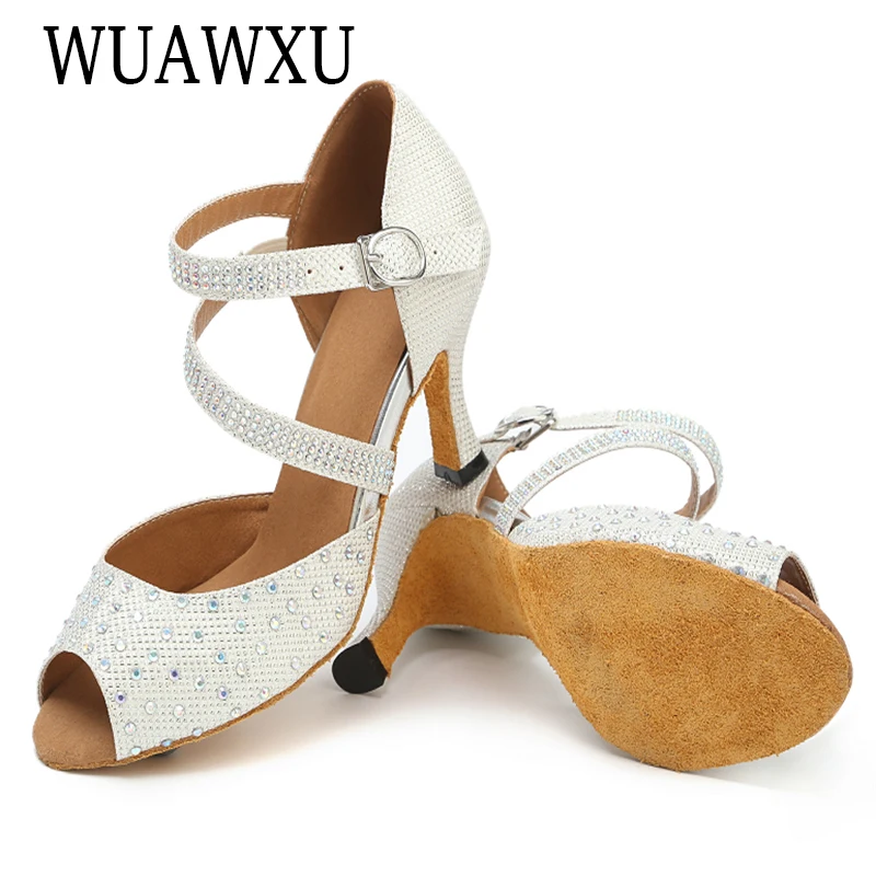NATASHA2023 Latin Dance Shoes with Diamond Inserted Soft Sole Mid Heel High Heel Fashion Square Social Dance Shoes Sandals